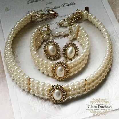 Unique Victorian Pearl choker necklace earrings Bracelet Jewelry Set, Wedding Jewelry Set