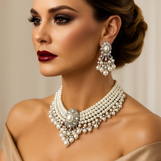 Elegant Pearl Choker Necklace & Statement Earrings Set, Indian Jewelry Set