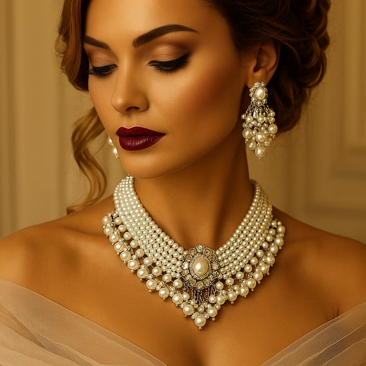 Handmade Pearl Bridal Jewelry Set – Statement Necklace & Earrings for Weddings