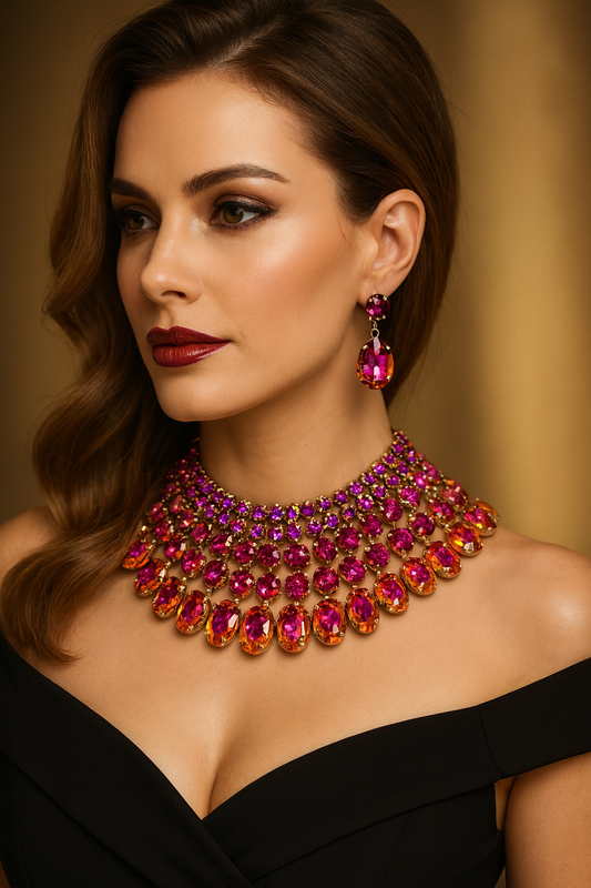 Chunky Hot Pink Crystal Bib Necklace Statement Earrings Wedding Jewelry Set