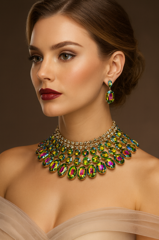 Chunky Green Ombre Crystal Bib Necklace Statement Earrings Wedding Jewelry Set