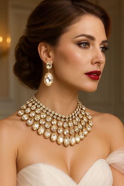 Chunky Champagne Crystal Bib Necklace Statement Earrings Wedding Jewelry Set