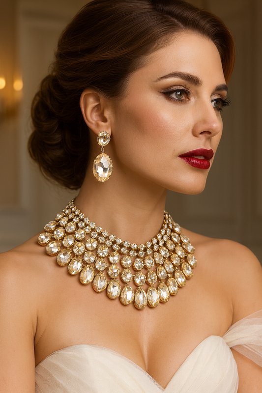 Chunky Champagne Crystal Bib Necklace Statement Earrings Wedding Jewelry Set