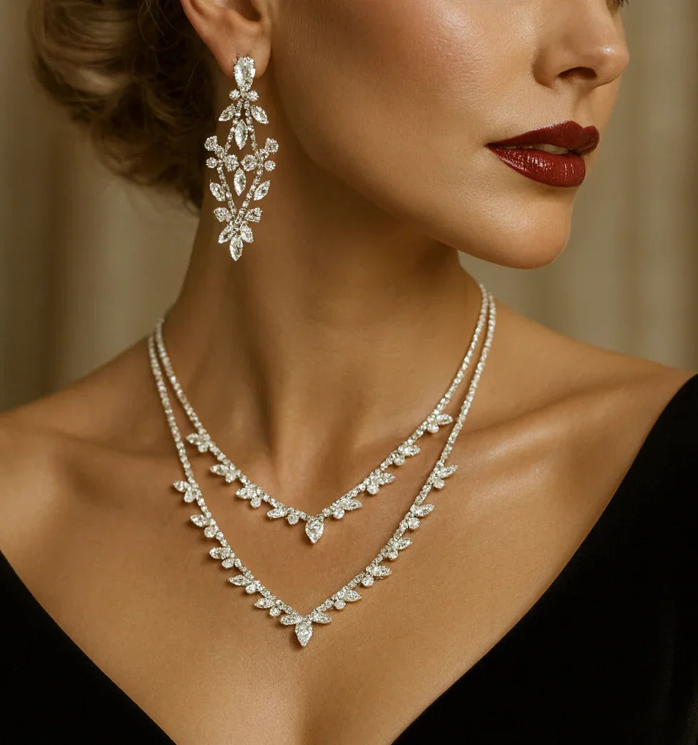 Wedding Jewelry, Crystal Layered Necklace & Statement Earrings Set