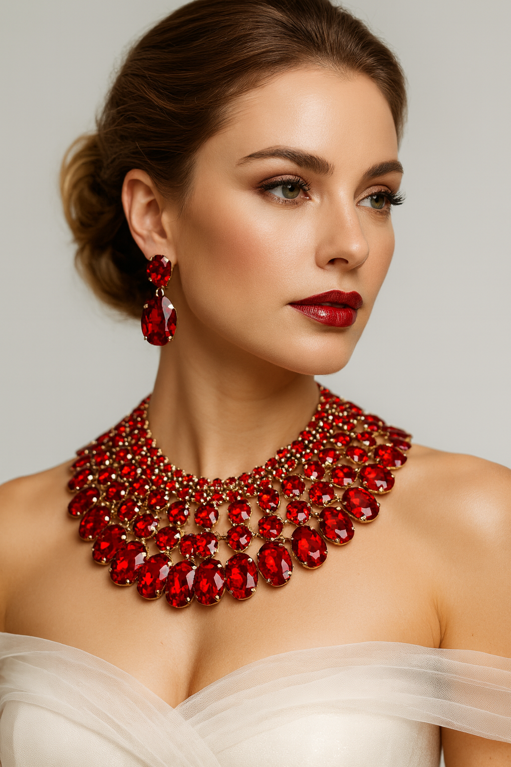 Chunky Red Crystal Bib Necklace Statement Earrings Wedding Jewelry Set