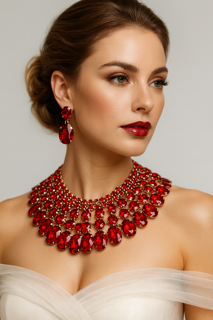 Chunky Red Crystal Bib Necklace Statement Earrings Wedding Jewelry Set
