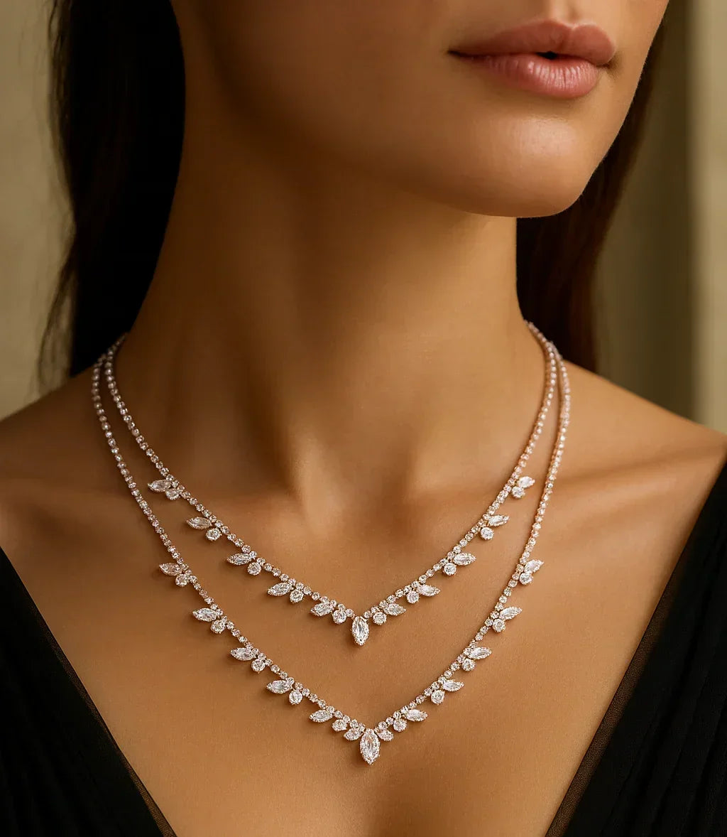 Wedding Jewelry, Crystal Layered Necklace & Statement Earrings Set