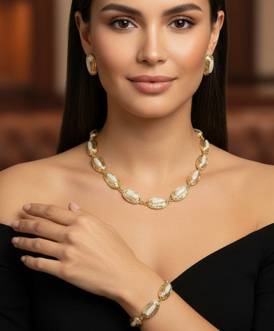 Luxury Gold Plated Pearl Jewelry Set – Necklace, Bracelet & Stud Earrings