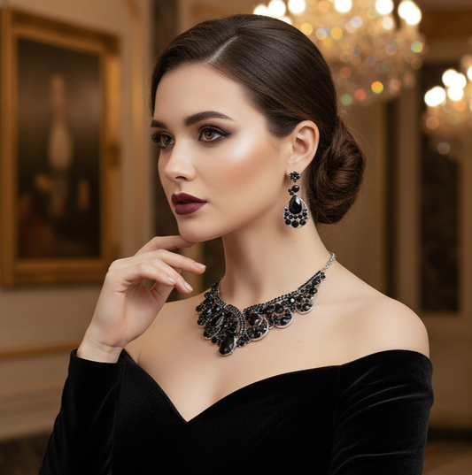 Luxury Black Crystal Statement Necklace & Earrings Set – Evening & Formal Jewelry