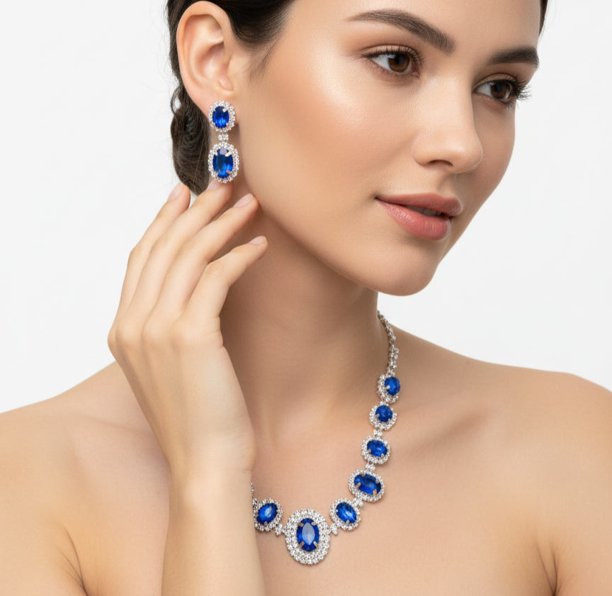Royal Blue Rhinestone Necklace and Earring Set - Glam Duchess