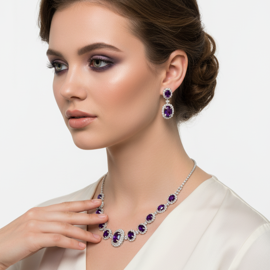 Purple Rhinestone Necklace and Earring Set - Glam Duchess