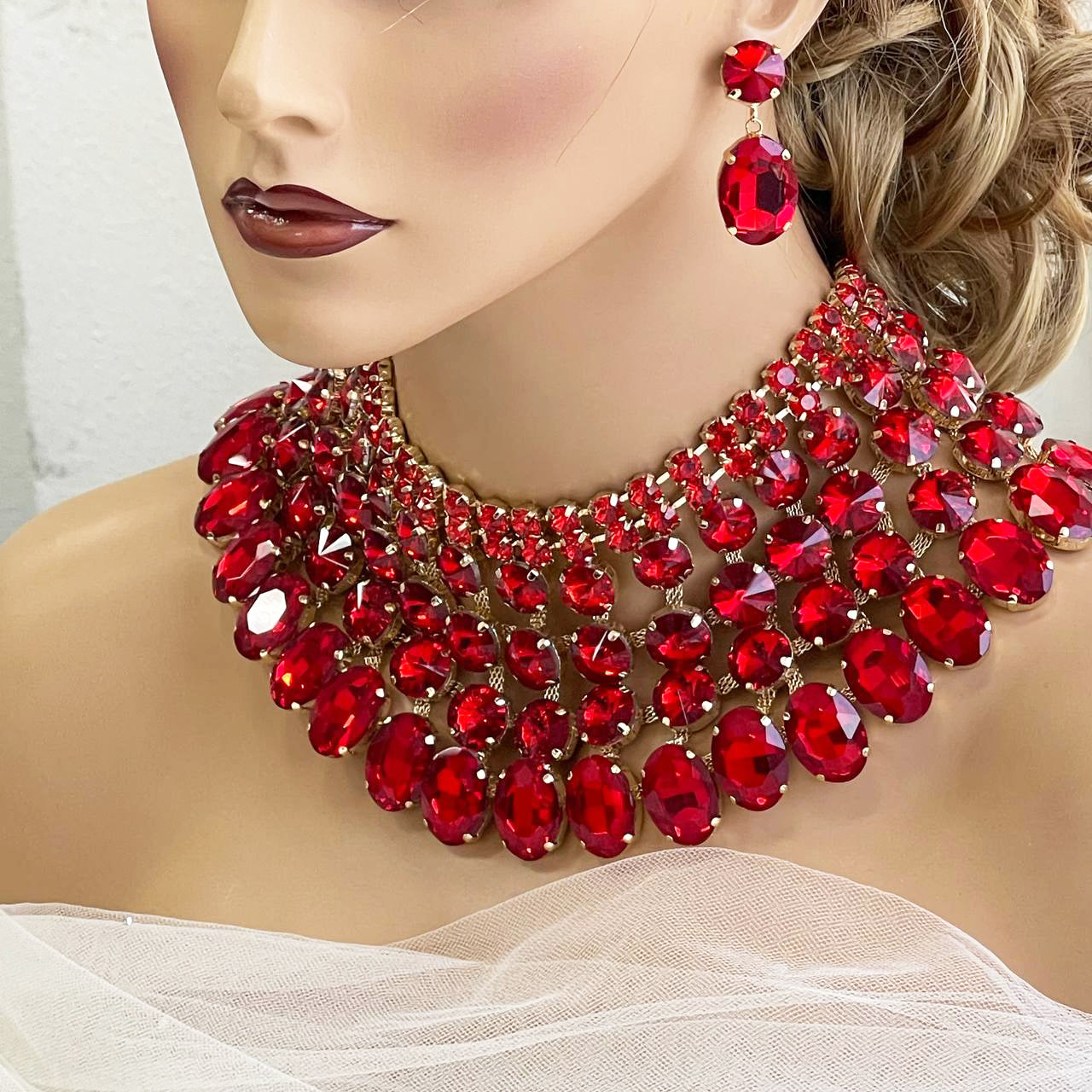 Chunky Red Crystal Bib Necklace Statement Earrings Wedding Jewelry Set