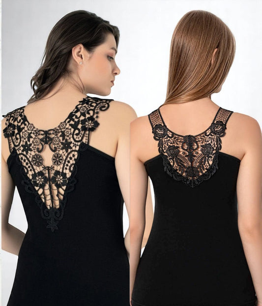 Super Soft Black Lace Back Sleeveless Top – Elegant Floral Detail, Made in Turkey