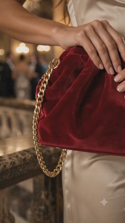 Burgunderrote Samt-Clutch, geraffte Falten, elegante handgefertigte Abendtasche für Bräute und Partys