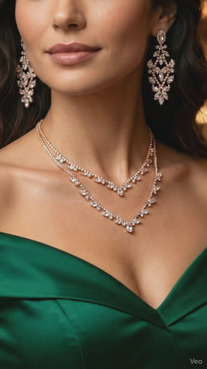 Clear Crystal Layered Necklace & Statement Earrings Set