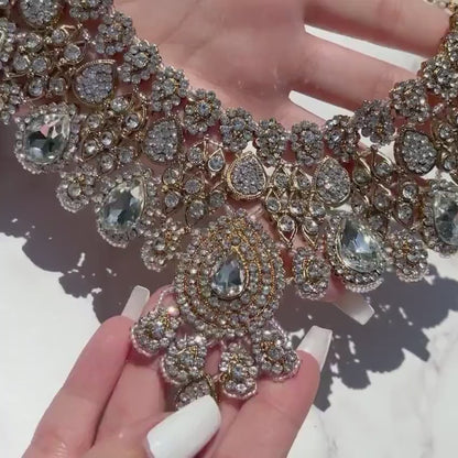 Indian Bridal Jewelry | Kundan Choker Necklace, Earrings & Tikka Headpiece Set