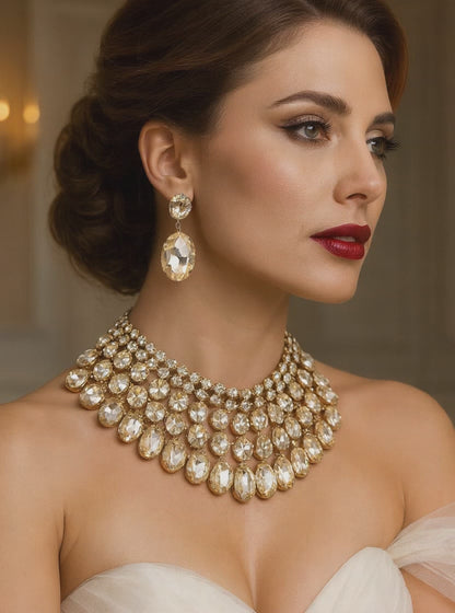 Chunky Champagne Crystal Bib Necklace Statement Earrings Wedding Jewelry Set