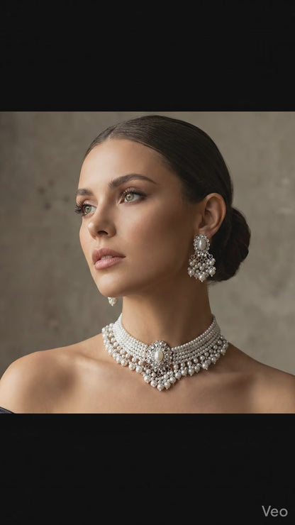 Pearl Choker Necklace With Statement Earrings Set – Elegant Bridal Jewelry