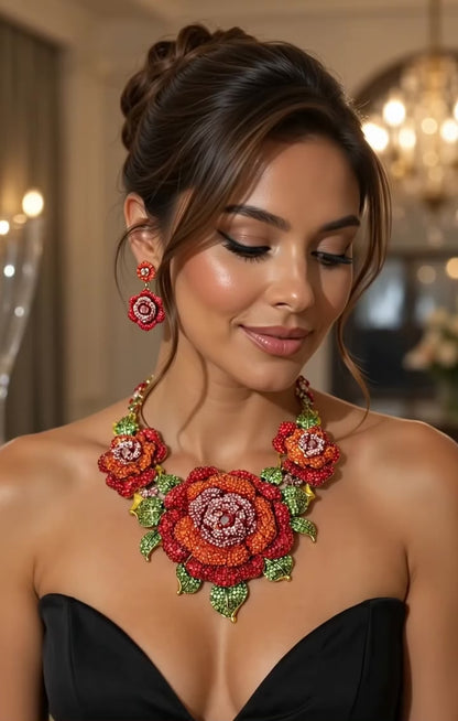 Crystal Pavé Rose Statement Necklace & Earrings Set