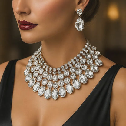 Chunky Crystal Bib Necklace Statement Earrings Wedding Jewelry Set