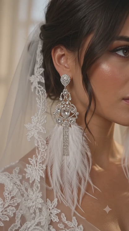Feather Drop Statement Earrings with Rhinestone Fringe