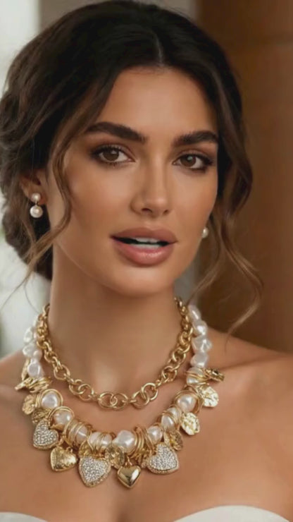 Chunky Heart Charm Embellished Pearl Beaded Layered Necklace Earrings Jewelry Set