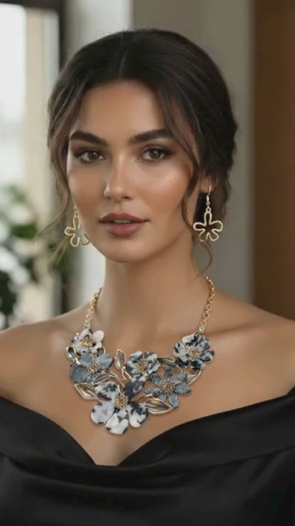 Resin Floral Statement Necklace Earrings Jewelry Set