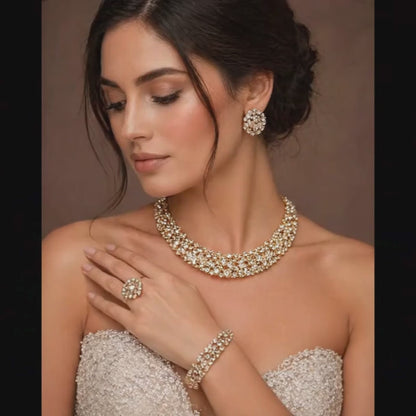 Bridal Crystal Jewelry Set Two Tone Necklace Earrings Bracelet Handset Crystals Glam Duchess