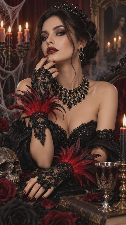 Feather-Trim Lace Fingerless Costume Gloves