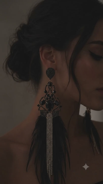 Feather Drop Statement Earrings with Rhinestone Fringe