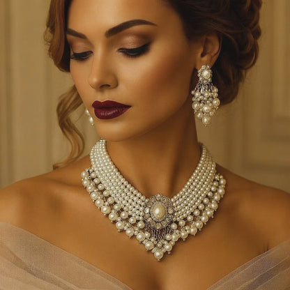 Handmade Pearl Bridal Jewelry Set – Statement Necklace & Earrings for Weddings