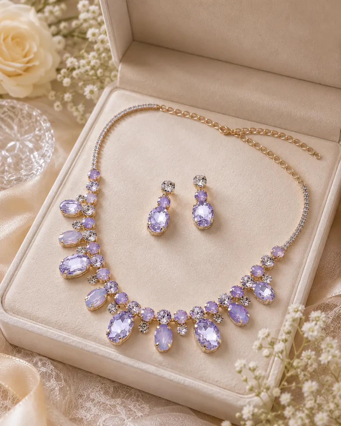 Oval Round Stone Cluster Link Evening Necklace - Jewelry Sets from Glam Duchess