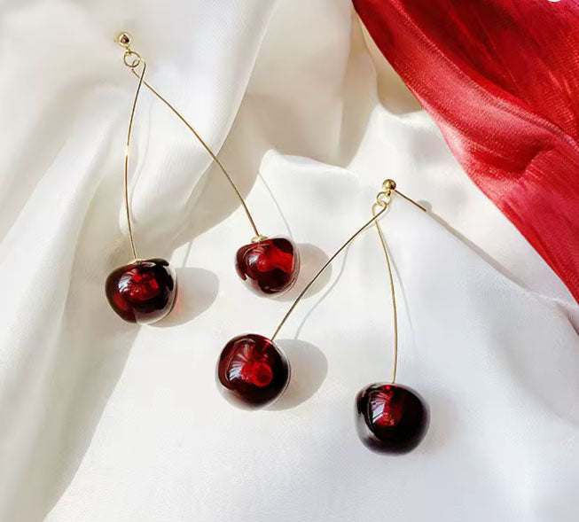 Playful Cherry Drop Earrings – Gold Wire with Glossy Red Cherries