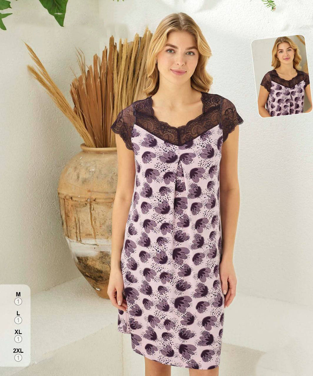 Ultra-Soft and Comfortable Viscose Nightdress with Elegant Lace Detailing – Made in Turkey