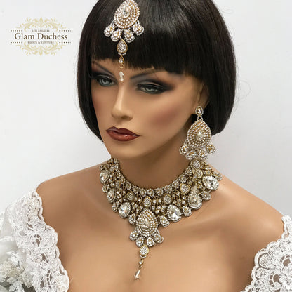 Elegant Indian Bridal Jewelry Set Kundan Choker,Earrings and Headpiece, Wedding Jewelry Set - Glam Duchess