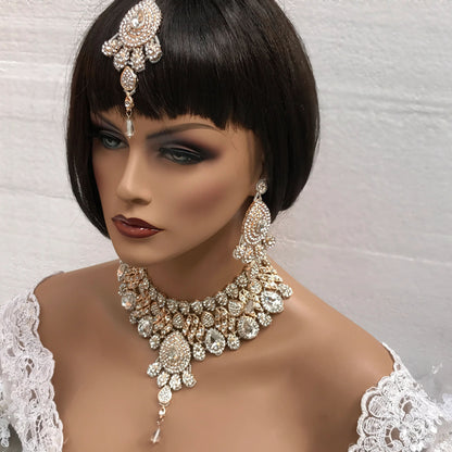 Elegant Indian Bridal Jewelry Set Kundan Choker,Earrings and Headpiece, Wedding Jewelry Set - Glam Duchess