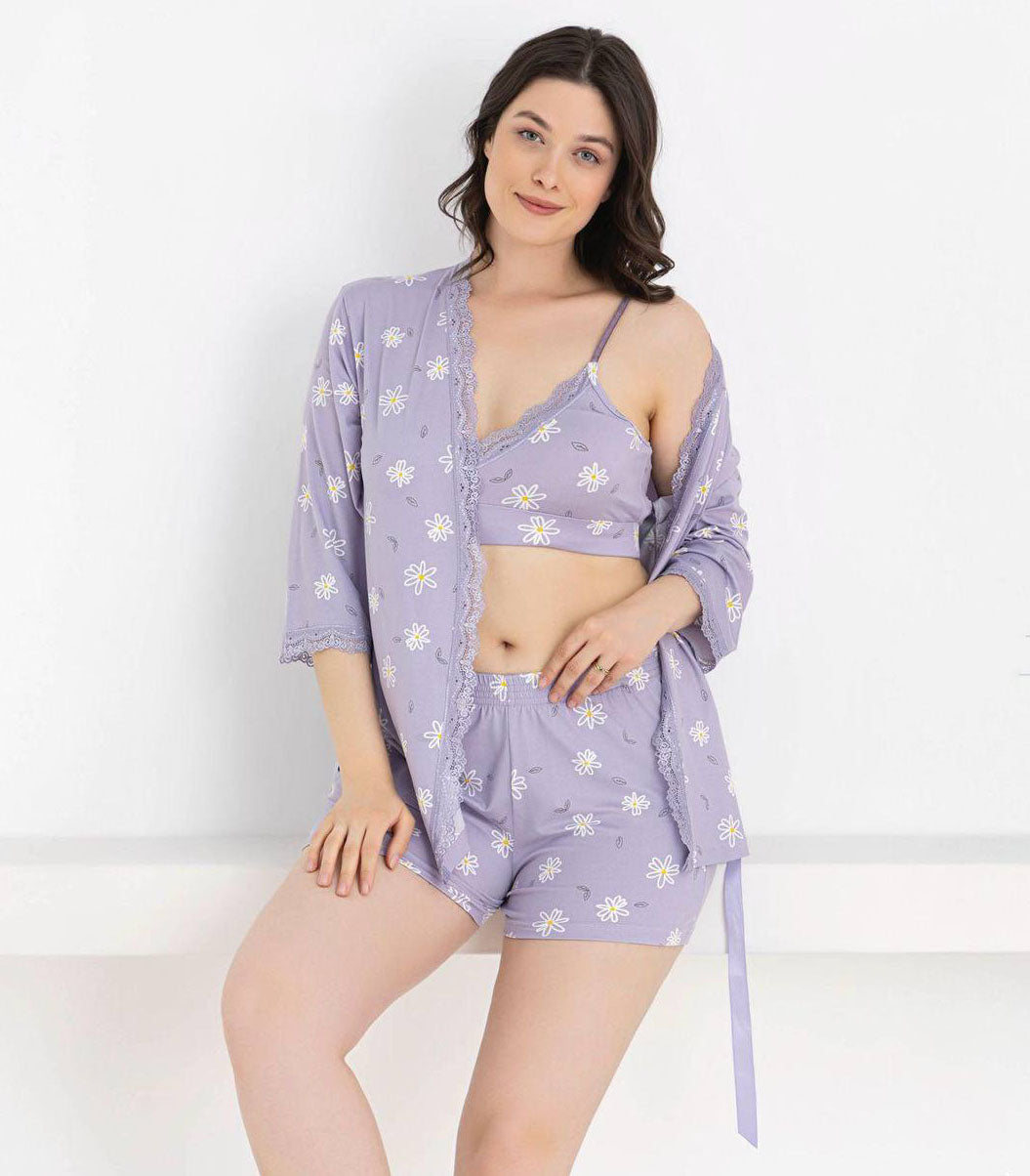 Super Soft Premium Viscose 3-Piece Heart Print Loungewear Set – Bra, Shorts & Robe, Made in Turkey