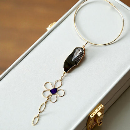 Handmade Gold-Plated Statement Choker Necklace with Natural Black Stone & Amethyst Flower – One of a Kind