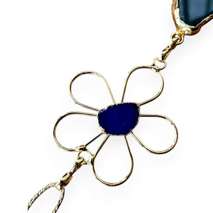 Handmade Gold-Plated Statement Choker Necklace with Natural Black Stone & Amethyst Flower – One of a Kind