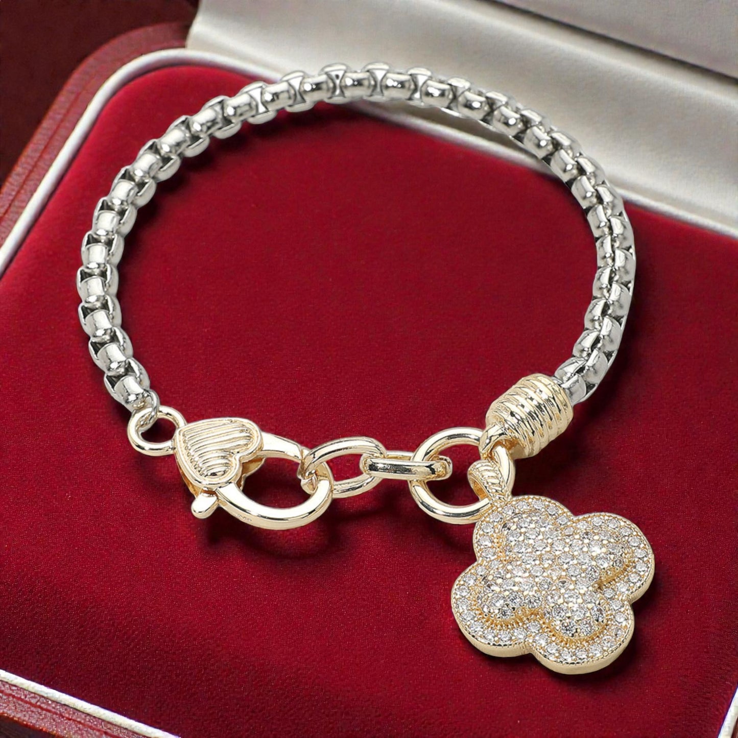 14K Gold Plated Two Tone CZ Stone Paved Quatrefoil Charm Bracelet