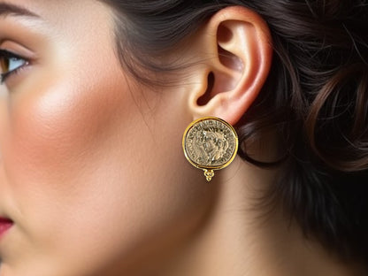 Ancient Coin Statement Earrings – Gold Framed Vintage Design