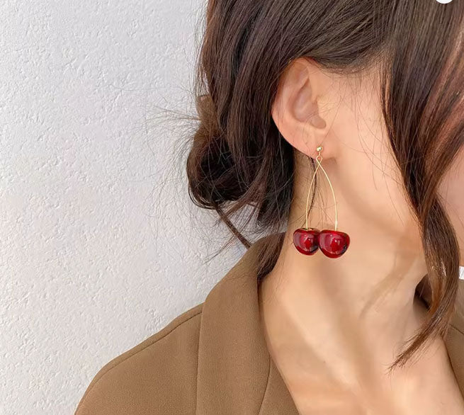 Playful Cherry Drop Earrings – Gold Wire with Glossy Red Cherries