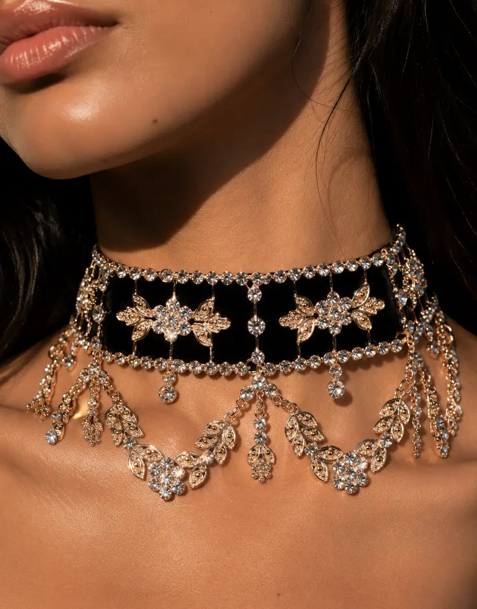 A close-up of a model wearing an ornate black velvet choker necklace with gold-toned star and leaf motifs, heavily embellished with clear rhinestones and dangling crystal fringes.