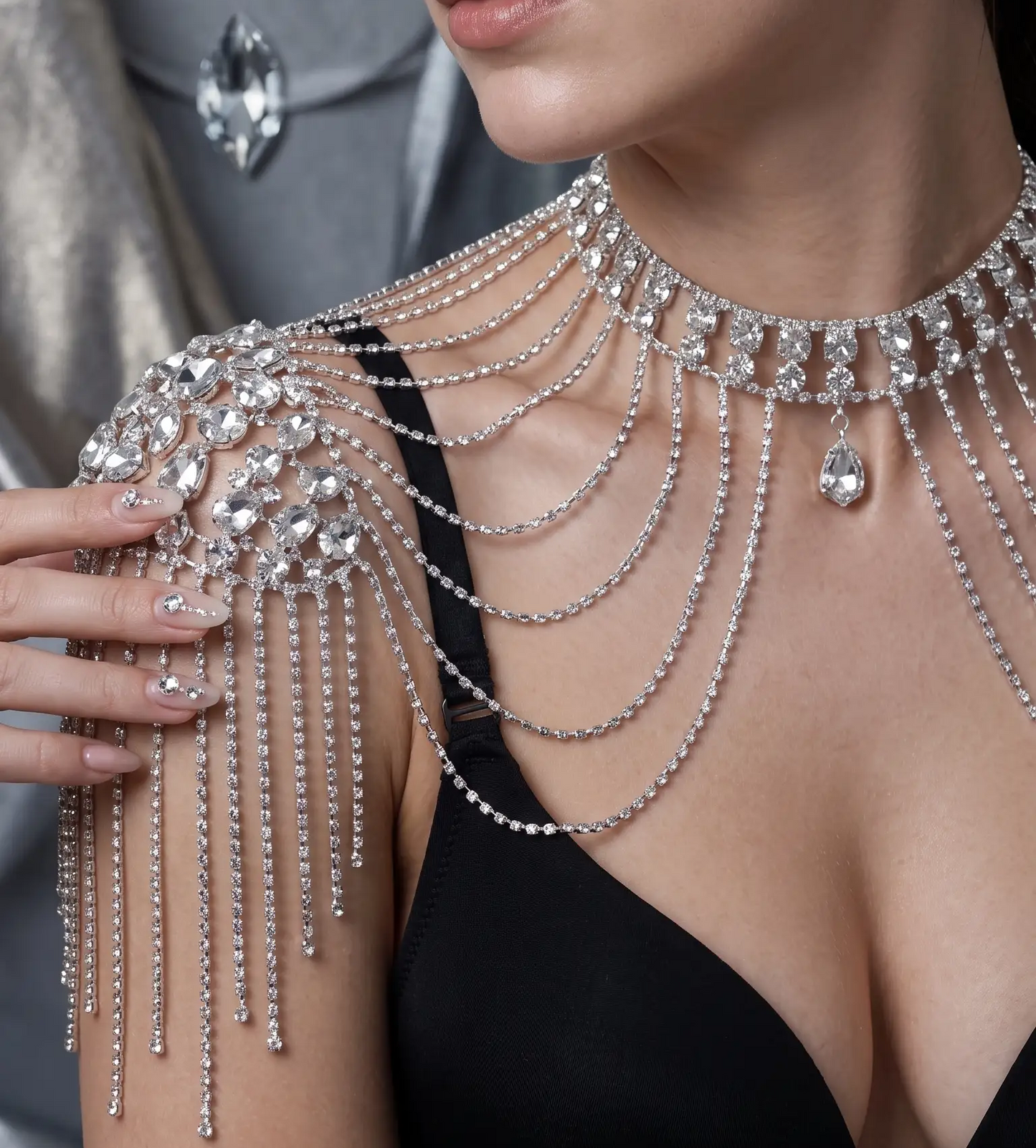 Luxurious Wedding Dress Featuring Water Droplet-Shaped Rhinestone Shoulder Chain, Multi-layer Fringed Style, Body Chain - Uncategorized from Glam Duchess