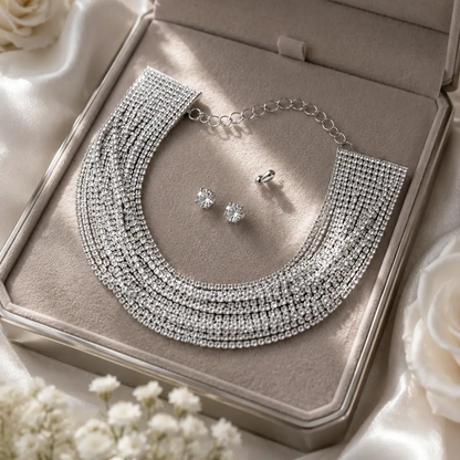 Multi-Layered Rhinestone Choker Necklace & Earrings Set - Jewelry Sets from Glam Duchess