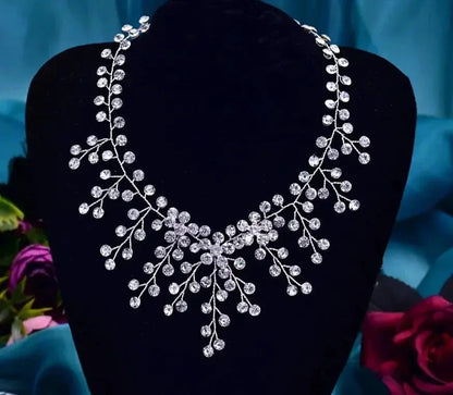 Crystal Bridal Necklace with iridescent water-drop pendant, cascading rhinestones in a modern bridal choker.