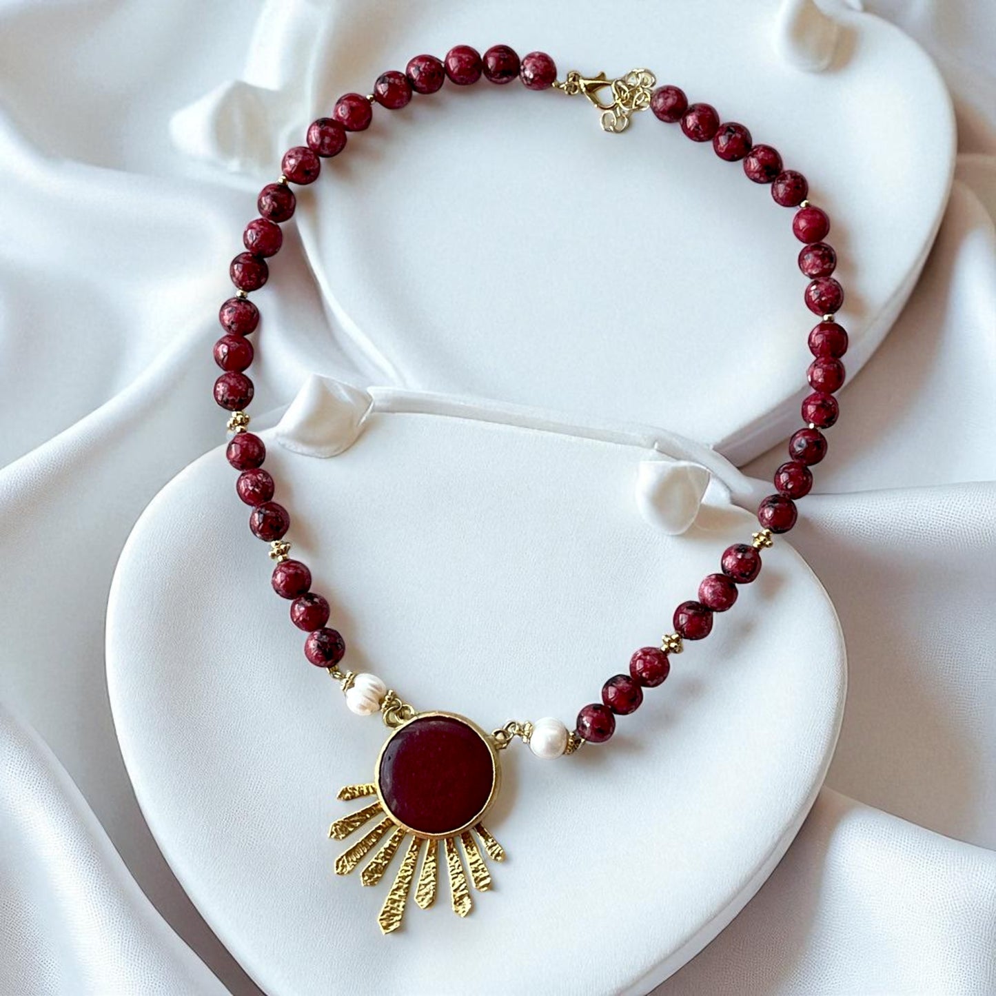 Gold-Plated Gemstone Necklace with Red Beads & Sunburst Pendant, Made in Turkiye