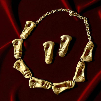 Luxury Artistic Gold Plated Face Necklace & Earrings Set – Statement Sculptural Jewelry