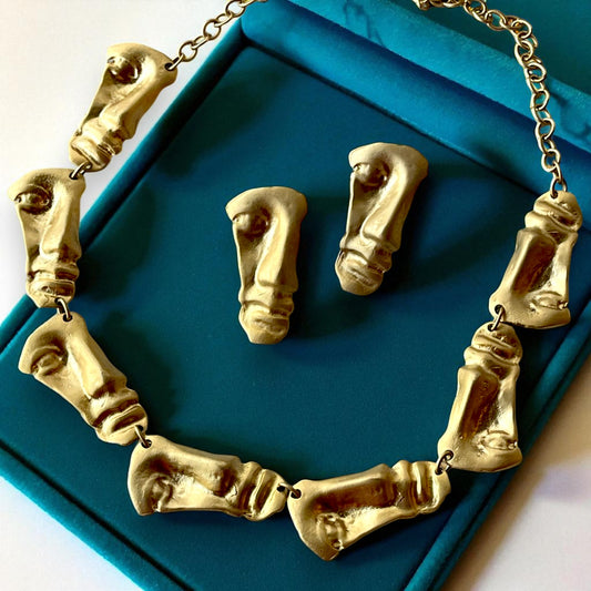 Luxury Artistic Gold Plated Face Necklace & Earrings Set – Statement Sculptural Jewelry