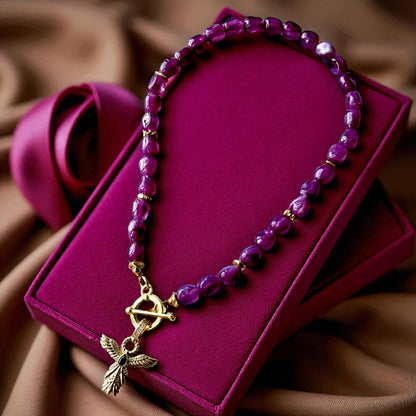 Handmade Gold Plated Purple Gemstone Layered Necklace Set with Gold Charms, Made in Turkiye